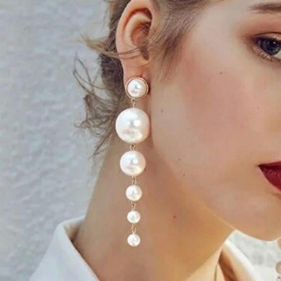 NEW Bohemian Big Faux Pearls String Dangle Long Stud Earrings 3.5” Lenght - Picture 4 of 10